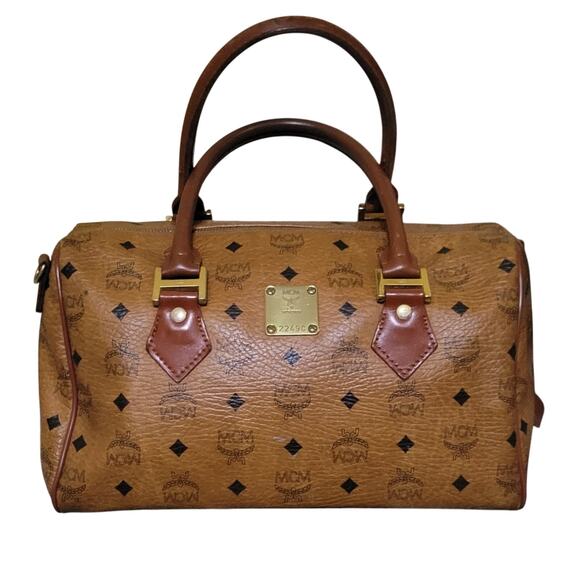 Authentic MCM Vintage Cognac Monogram Leather Visetos Boston Bag - Picture 1 of 12